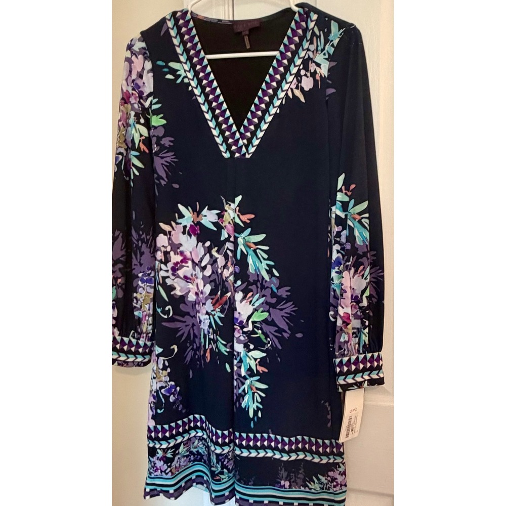 Hale‎ Bob Dona Navy Floral Geometric V-Neck Long Sleeve Shift Dress XS NEW
